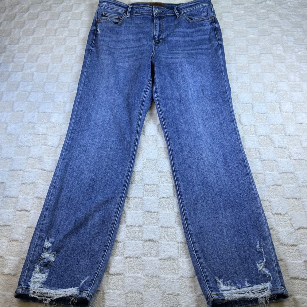 Judy Blue High Rise Distressed Hem Straight Leg Jeans Medium Wash Blue